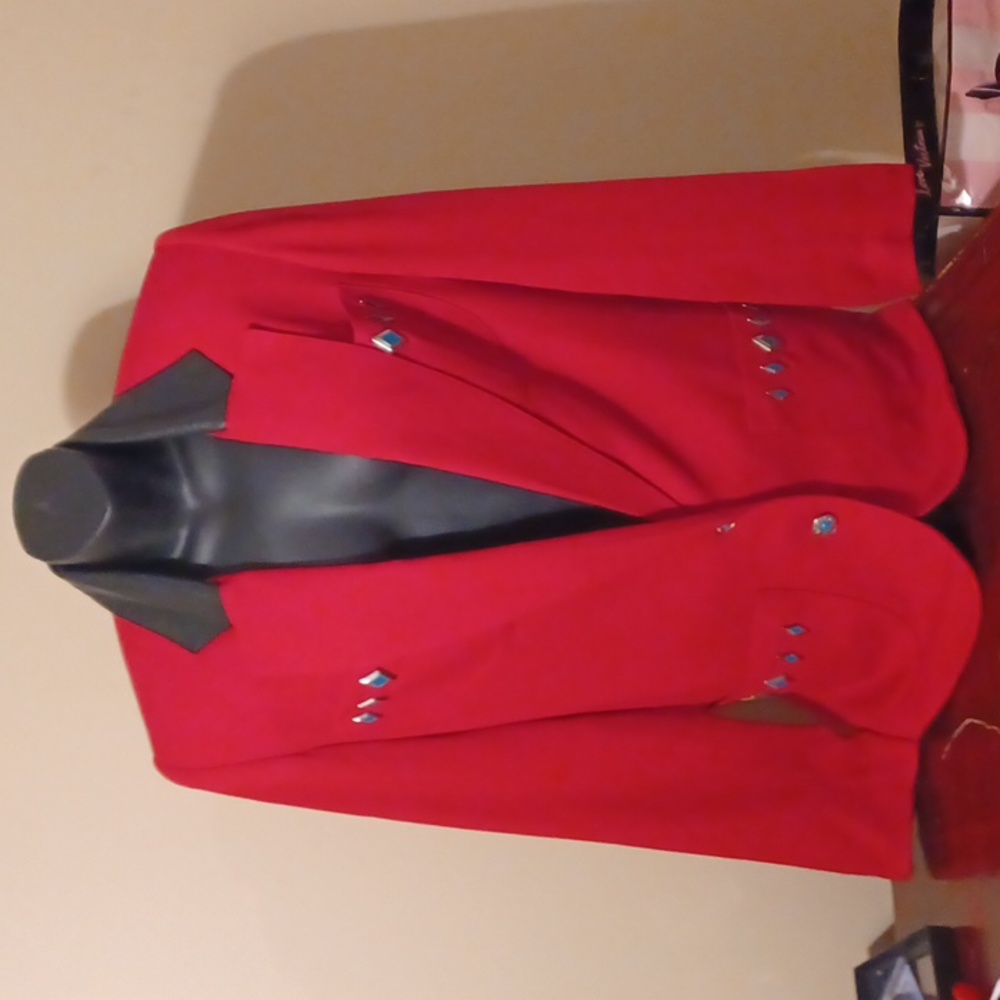 Cache ,Vintage! blazer, red with leather collar and turquoise accents!